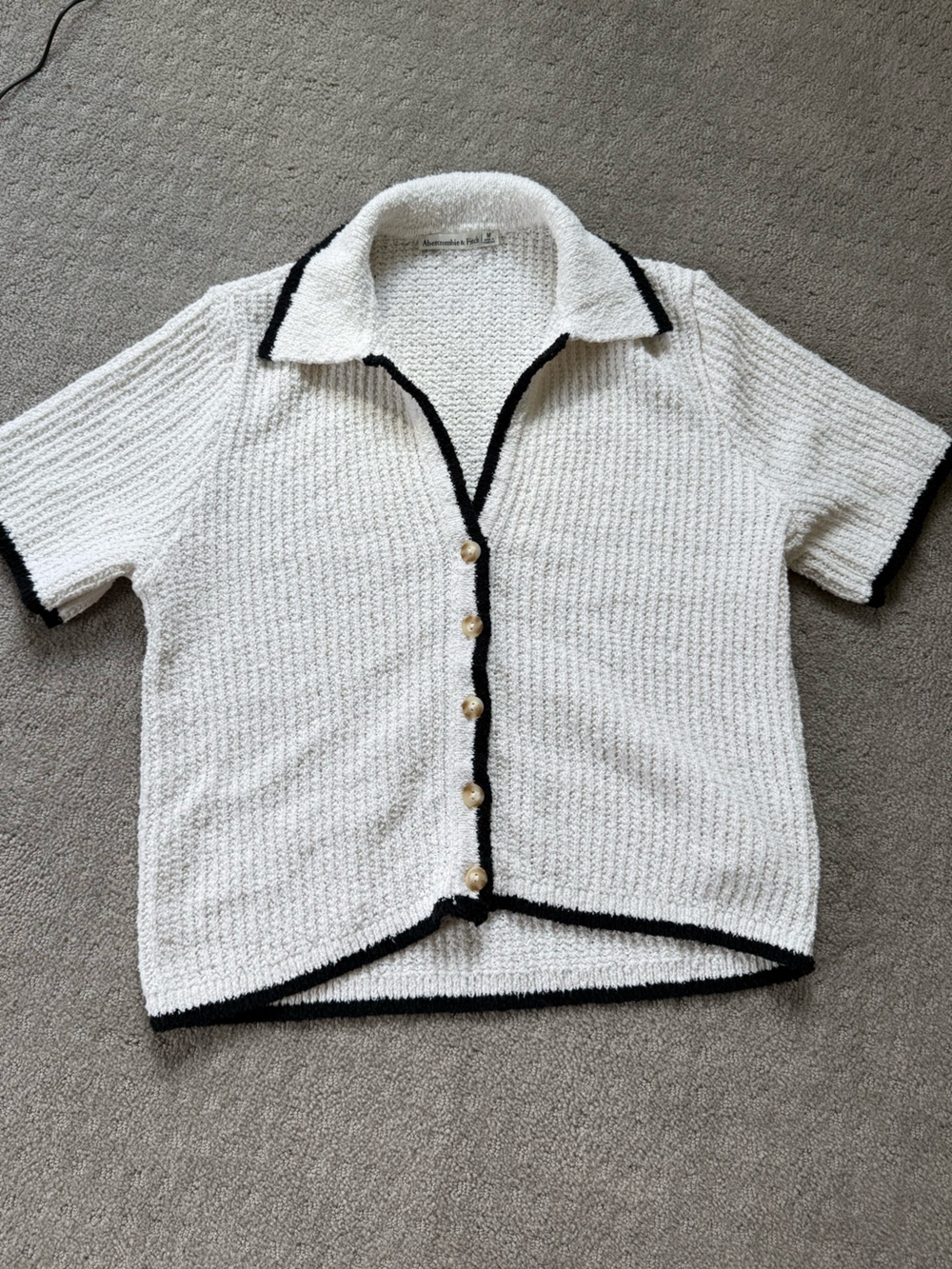 Abercrombie & Fitch White Short-Sleeve Cardigan with Black Trim
